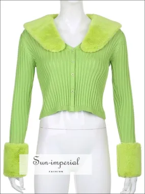 Women Green Plush Faux Fur Collar and Cuff Knit Cropped Cardigan