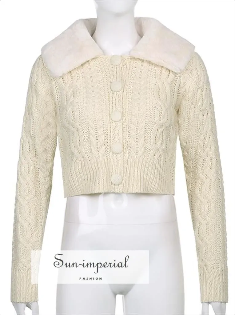 Women Green Plush Faux Fur Collar and Cuff Knit Cropped Cardigan