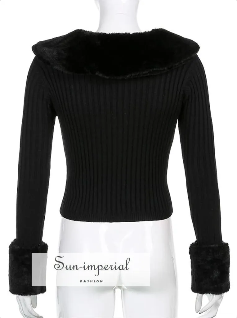 Women Green Plush Faux Fur Collar and Cuff Knit Cropped Cardigan