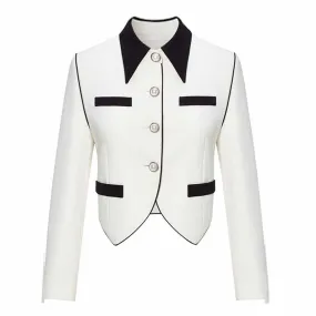 Women's Black Collar Fitted White Blazer Jacket