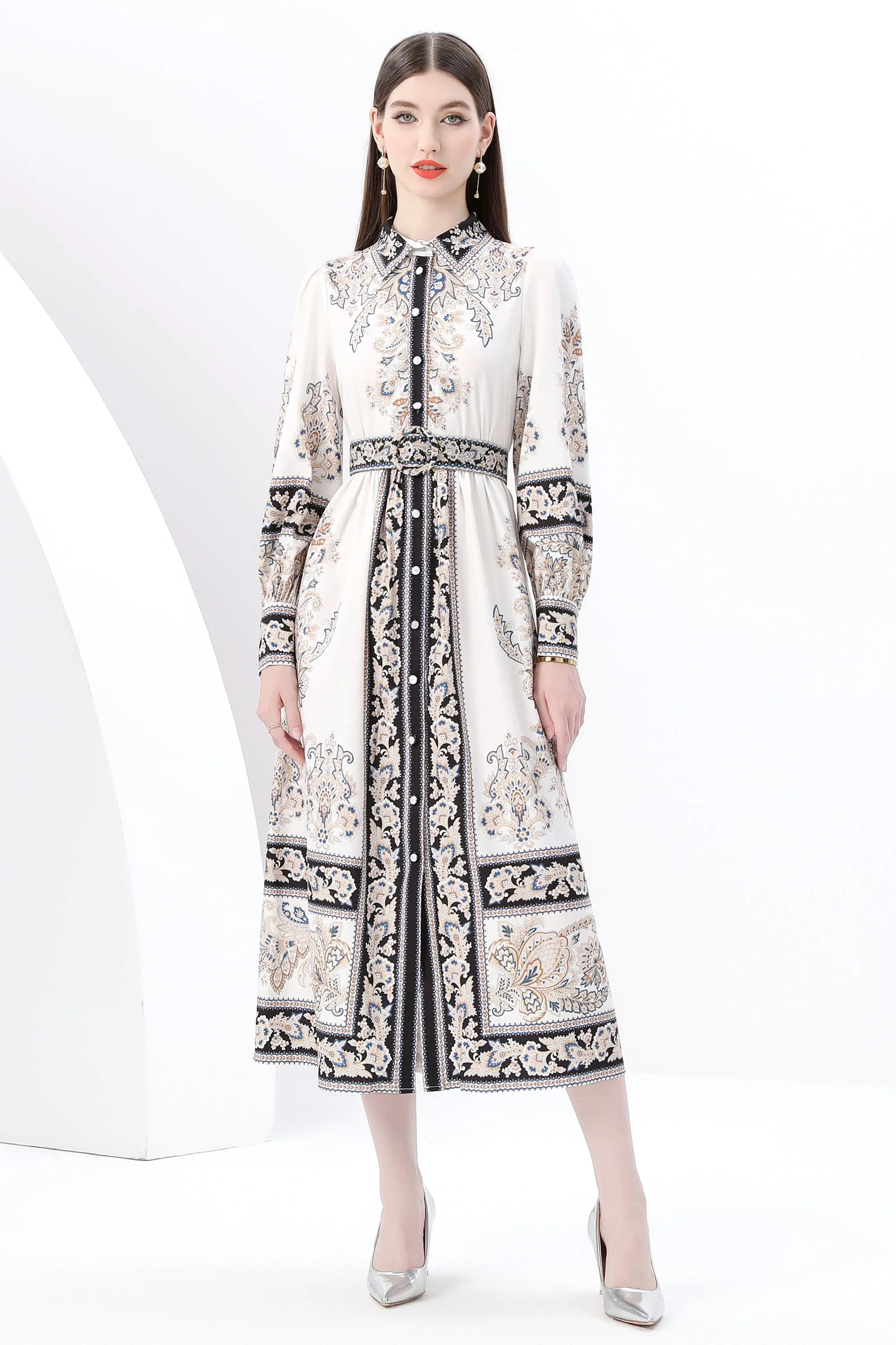 Women's Floral Long Sleeve Shirt Collar Maxi Dress