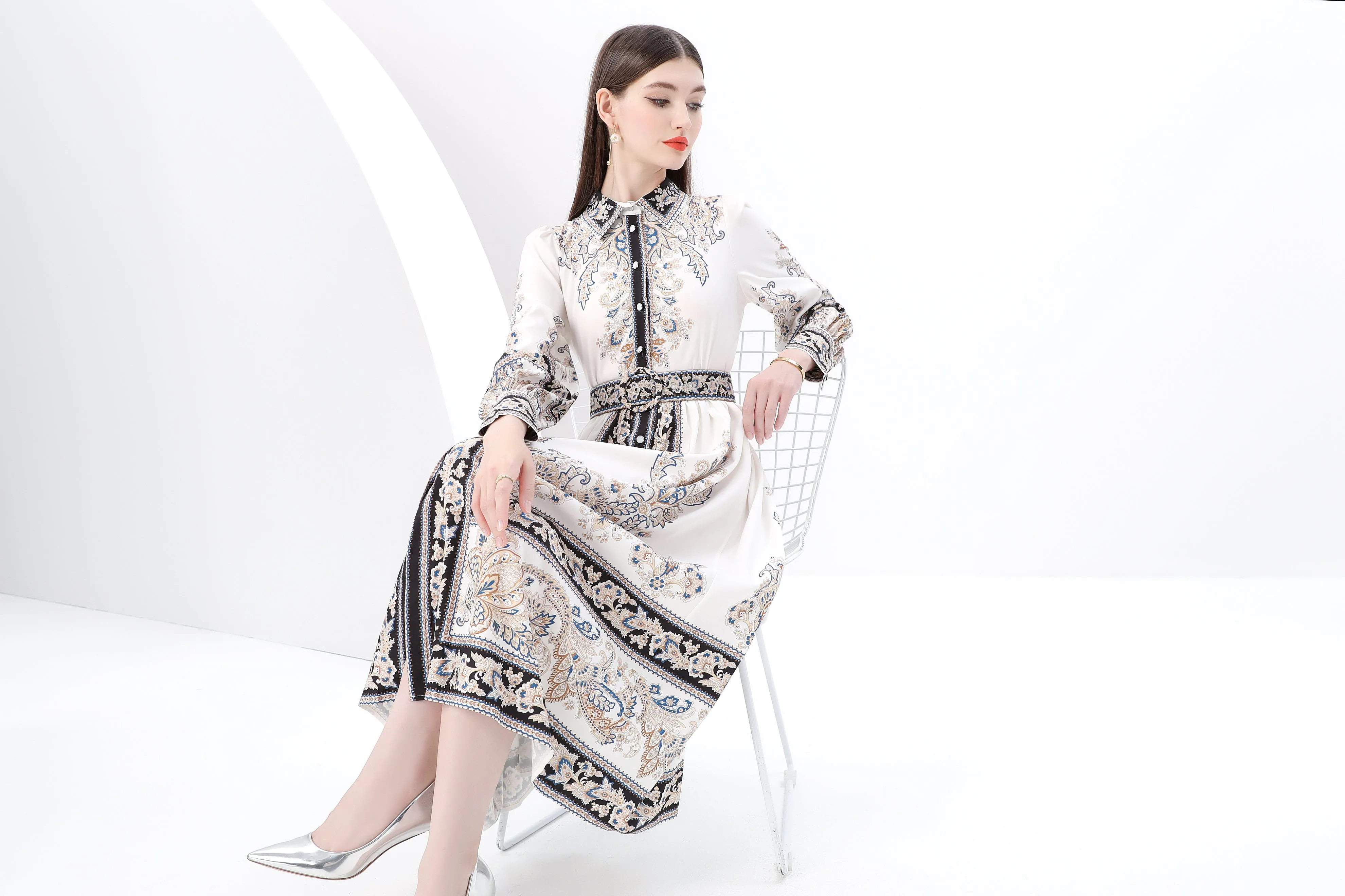 Women's Floral Long Sleeve Shirt Collar Maxi Dress