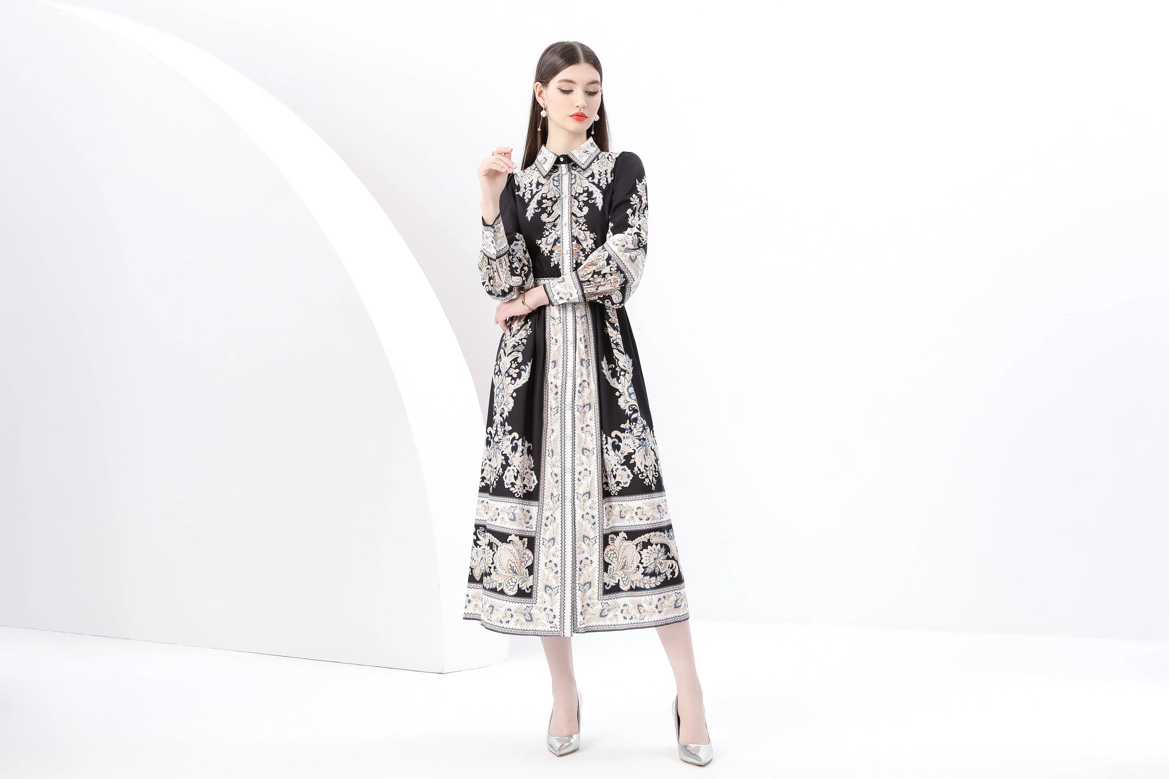 Women's Floral Long Sleeve Shirt Collar Maxi Dress