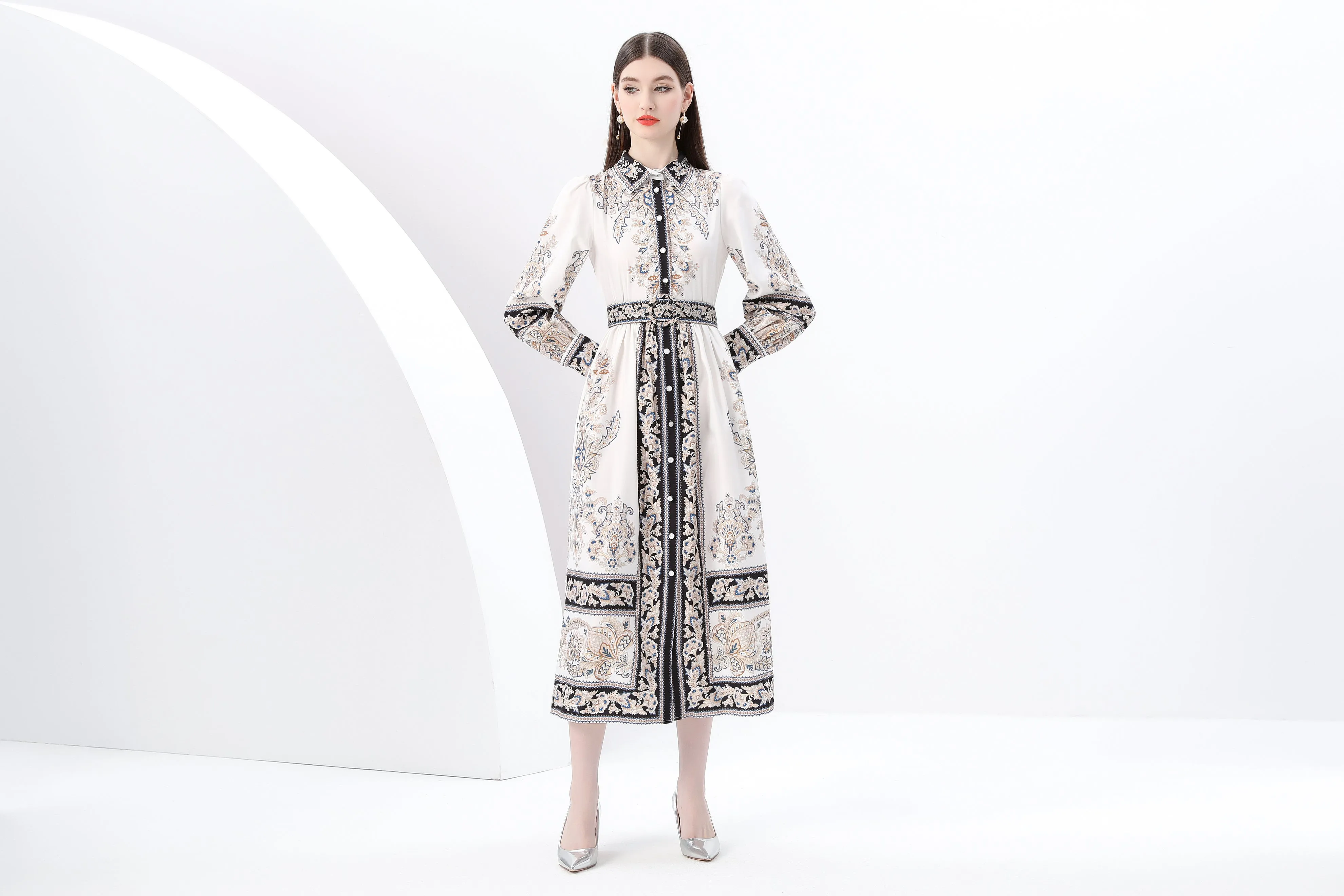 Women's Floral Long Sleeve Shirt Collar Maxi Dress