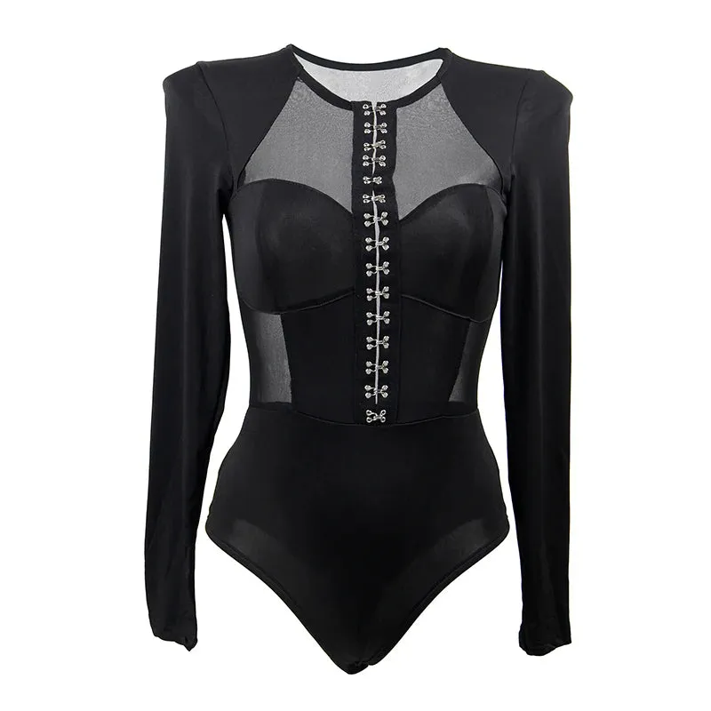 Women's Long Sleeve Lace Bodysuit - Sexy Black Sheer Button-Up Jumpsuit, Clubwear & Mature Fashion Top