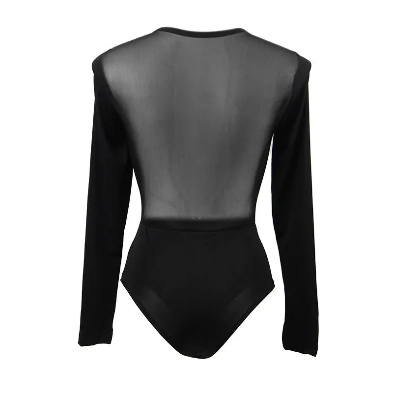 Women's Long Sleeve Lace Bodysuit - Sexy Black Sheer Button-Up Jumpsuit, Clubwear & Mature Fashion Top
