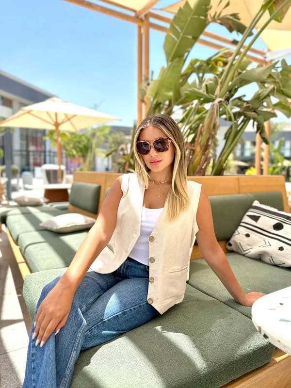 Women's Pure Linen Beige Blazer Vest - Elegant Sleeveless Top Made in Egypt