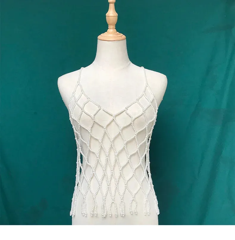 Women’s Sexy Beaded Pearl Cami Top - Exaggerated Multi-Layer Halterneck Backless Bra
