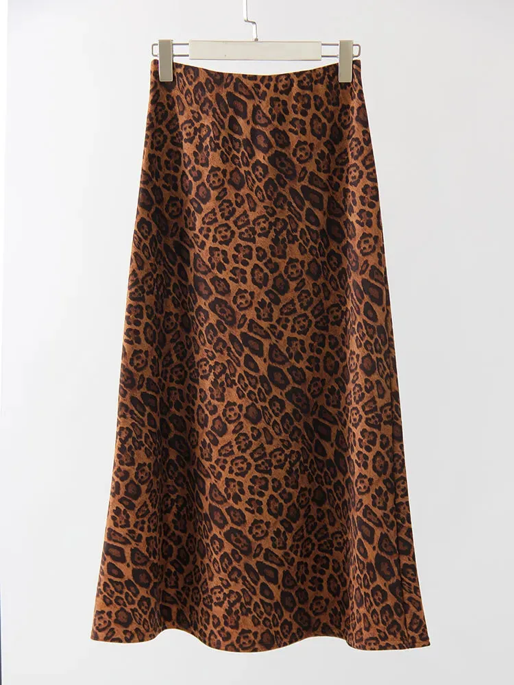 Women's Suede Leopard Print Fashion Designer Skirts (Long)