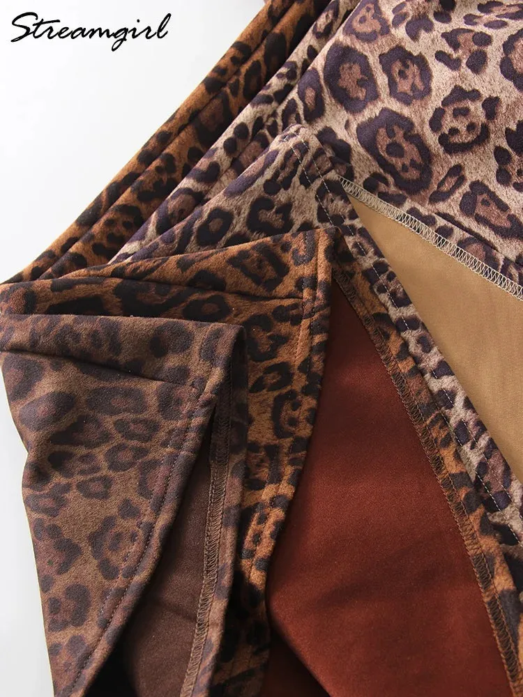Women's Suede Leopard Print Fashion Designer Skirts (Long)