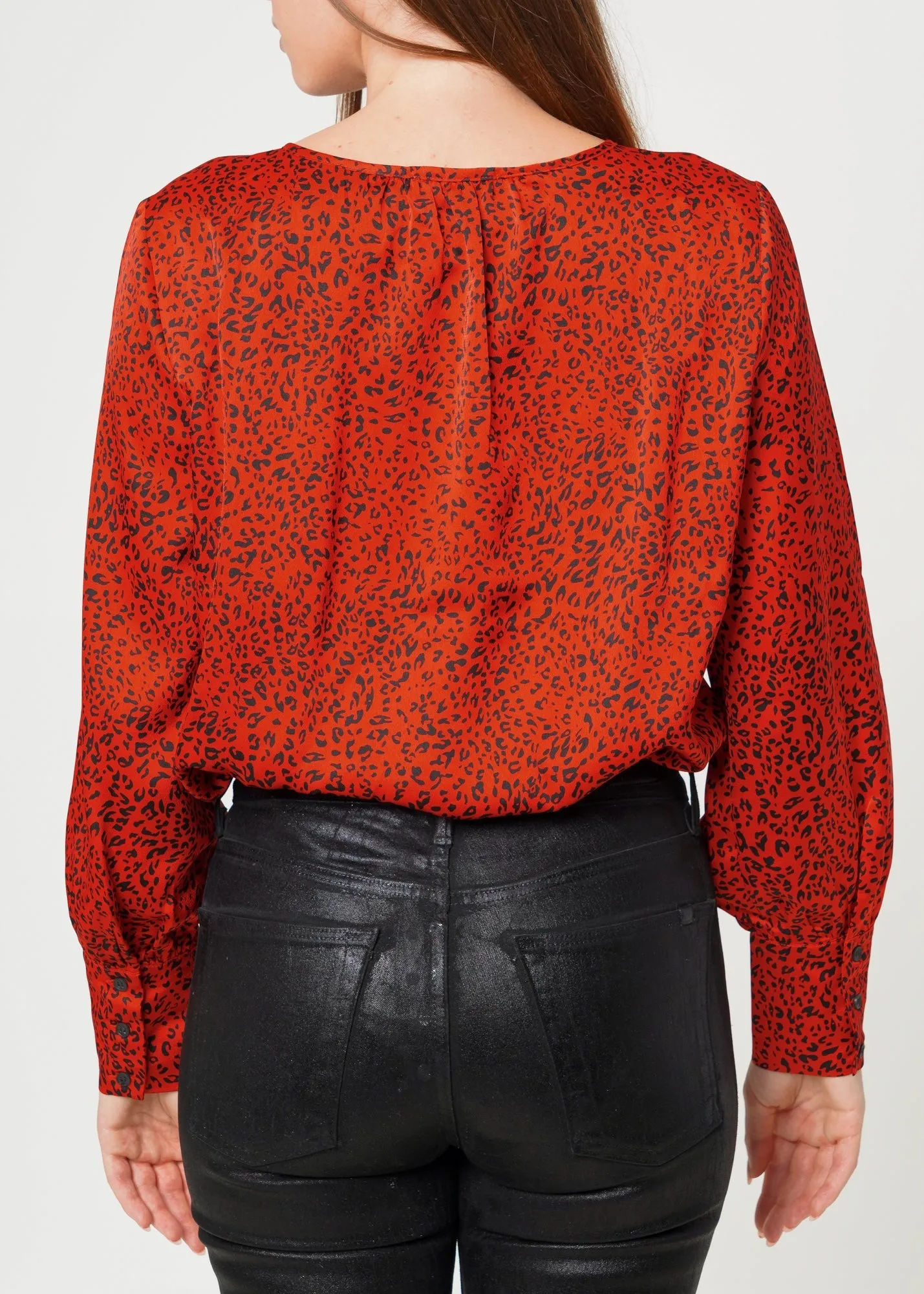 Women's Tie-neck Long Sleeve Bodysuit in Red Leopard